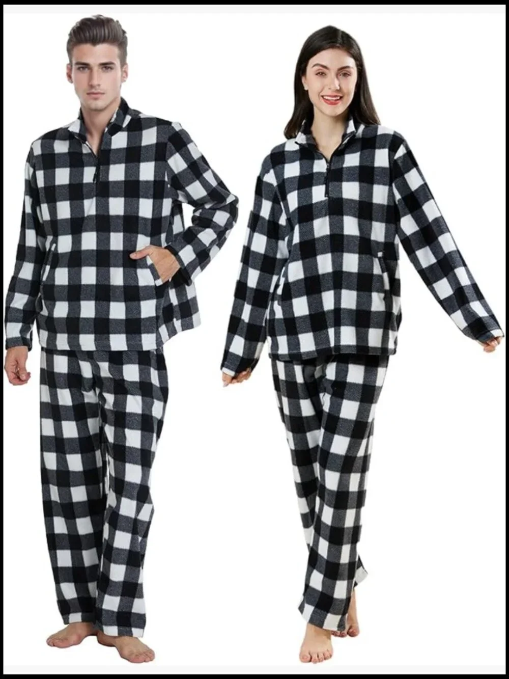 Polar Fleece Pajama Set with Half Zipper Top and Pockets